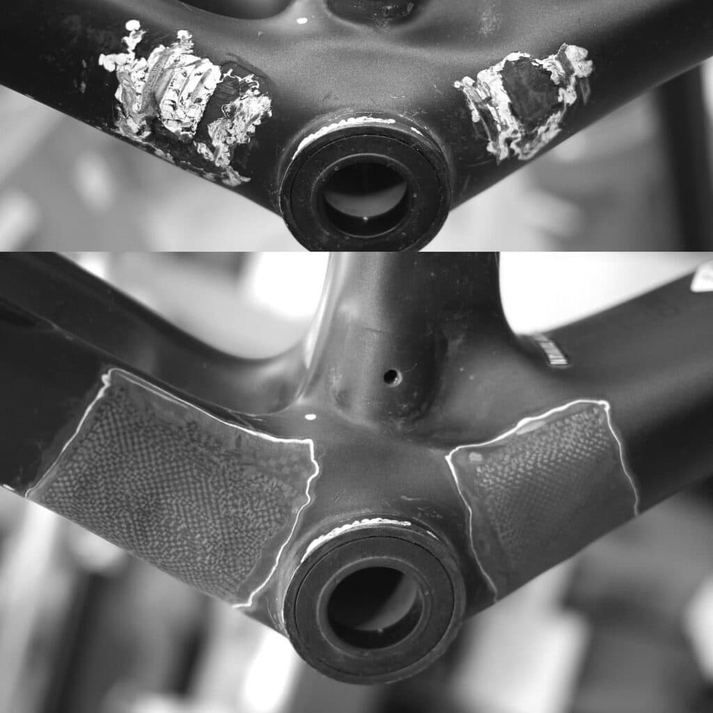 Before and after Two carbon repairs to down tube and chainstay from chain damage