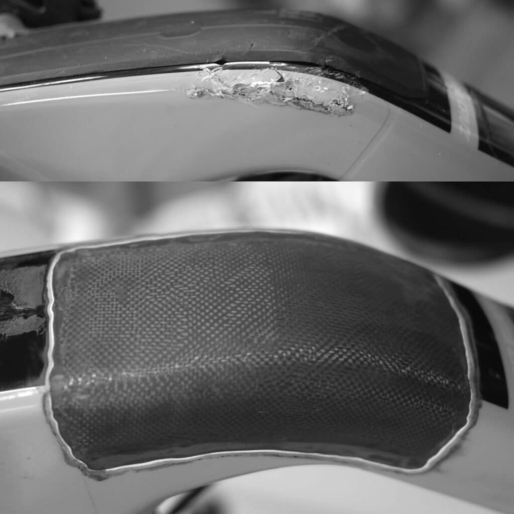 before and after impact damage on down tube of Santa Cruz full suspension bike