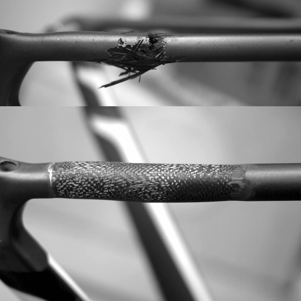 Before and after badly damaged seat stay with carbon splinters all over the place