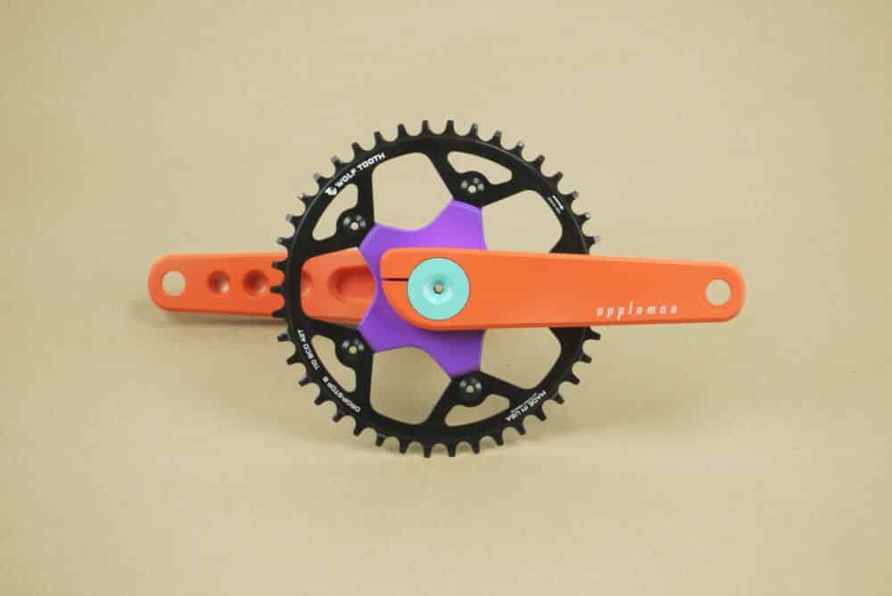 Appleman 2XR crankset in purple, orange, and turquoise
