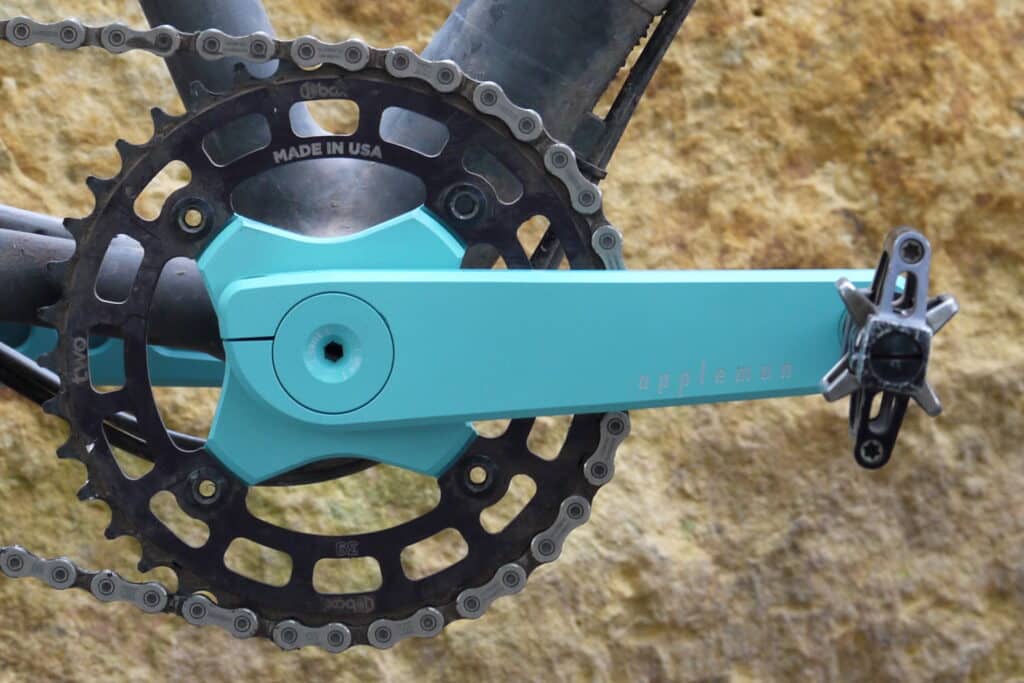 Turquoise Appleman 2XR Crankset on mountain bike