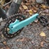 Appleman 2XR crankset on mountain bike in turquoise with leaves in background