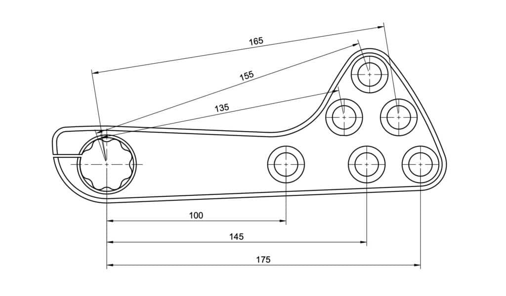 Appleman 2XR FIT crank arm showing 6 different crank lengths on one crank arm.