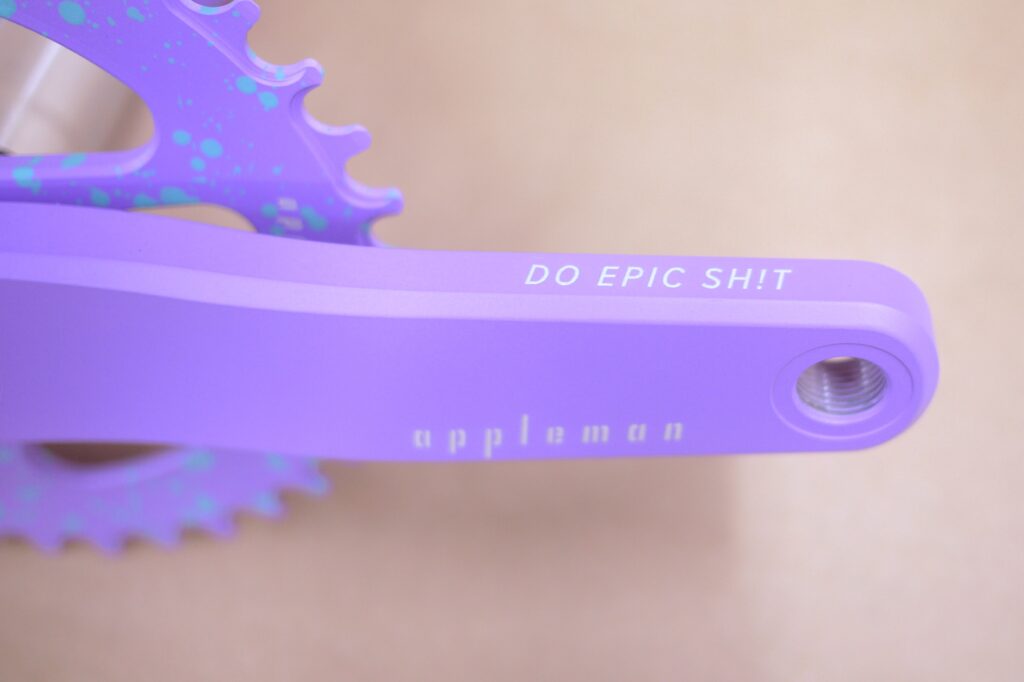 2xr crankset in lavender custom engraving says "do epic shi!t"