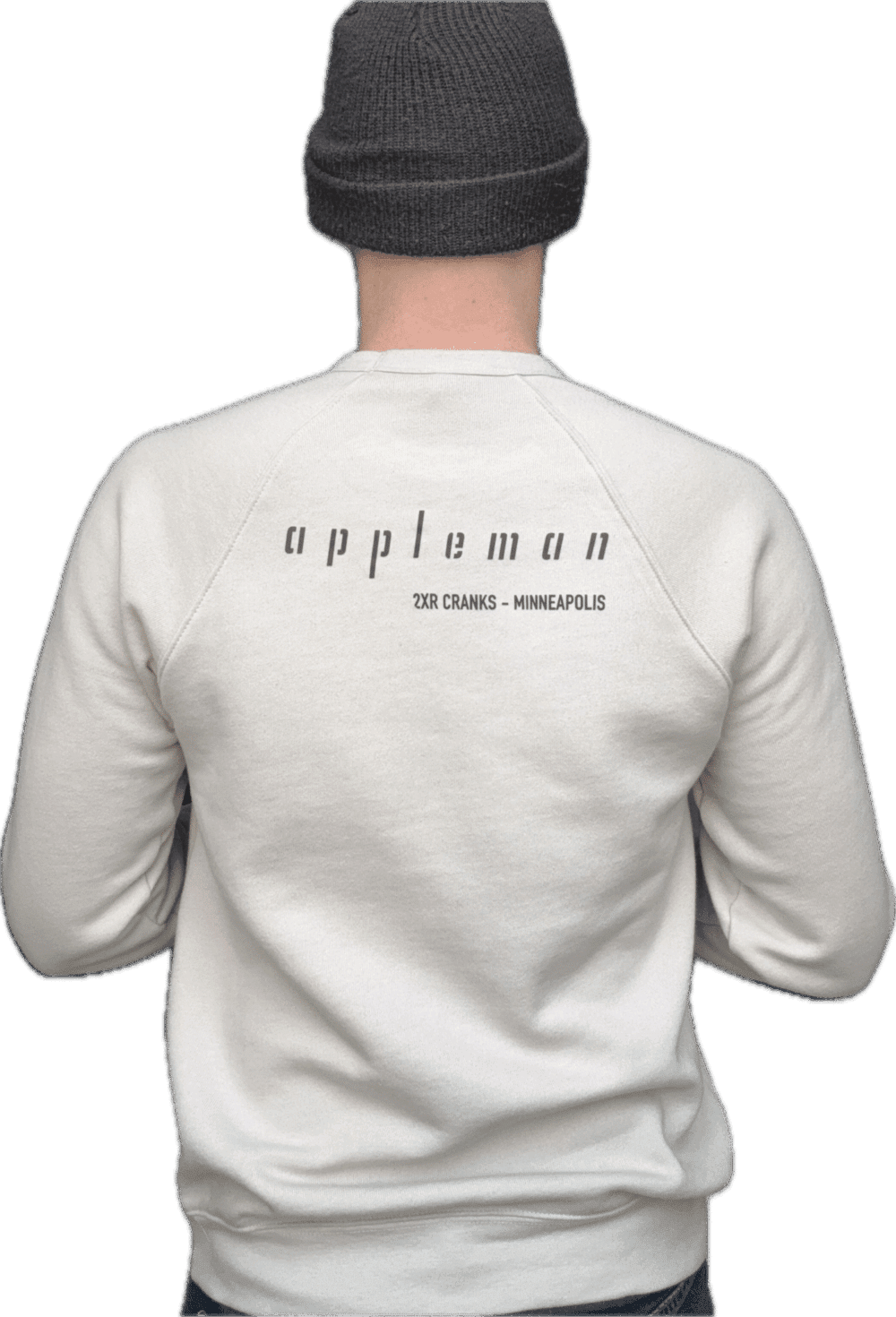 Sweatshirt, sand color, black logo that says Appleman, 2XR Cranks, Minneapolis